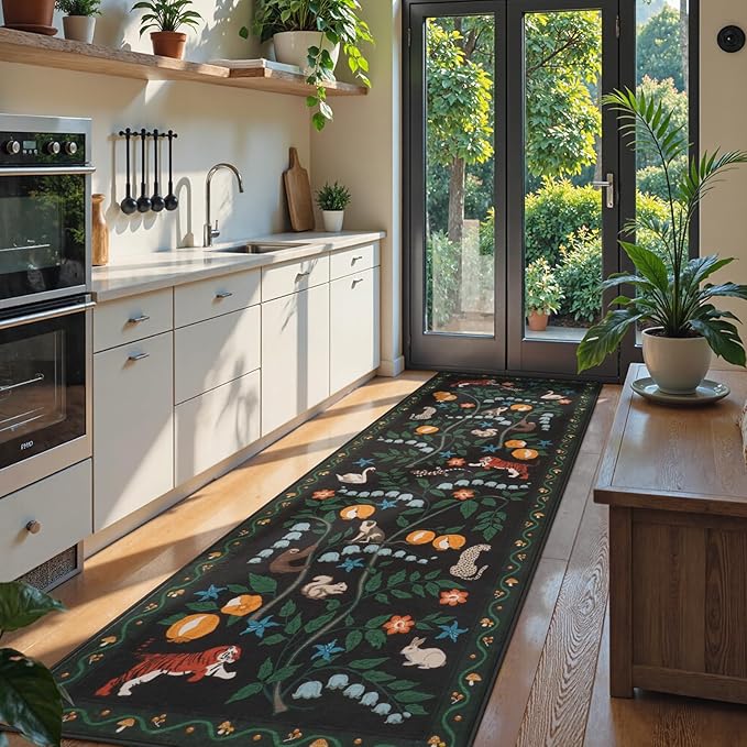 Collive Kitchen Runner Rugs Non Slip, 2.6x8ft Jungle Animal Washable Carpet Runners for Hallway Bathroom, Soft Bedroom Rug Black Ultra Thin Indoor Mats for Entryway, Laundry Room, Bedside