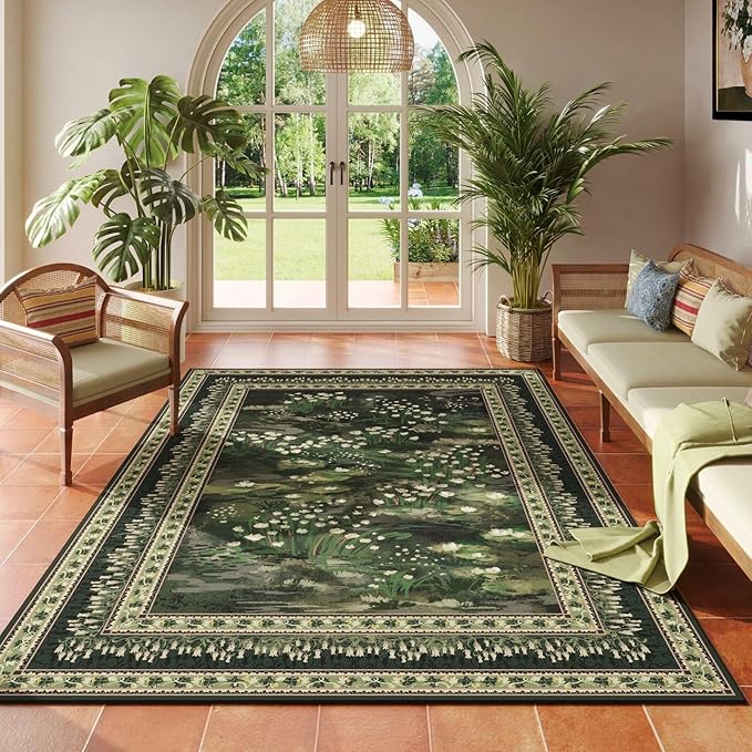 Rugcomf 4x6 Rug for Bedroom Impressionist-Style Vintage Washable Rugs Non Slip Low Pile Small Carpet for Bedside Kids Room Office Dining Room, Green