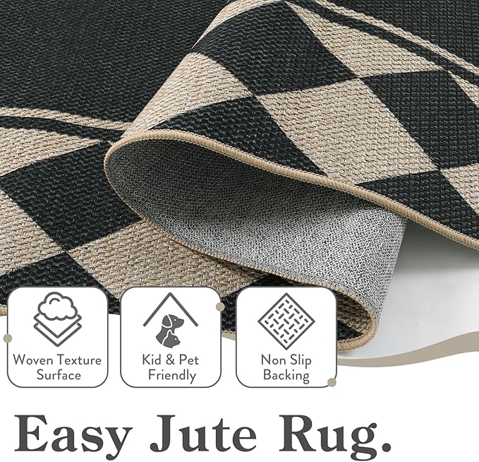 Moynesa Easy Jute Hallways Runner Rugs Washable 2.5x8 Entryway Rug Runners for Kitchen Black Checkered Indoor Outdoor Carpet for Entryway Patio, Diamond Grid Mat for Bathroom Bedroom Laundry