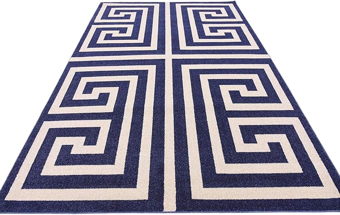 Unique Loom Athens Collection Classic Geometric Modern Border Design Area Rug (6' 0 x 9' 0 Rectangular, Navy Blue/ Beige)