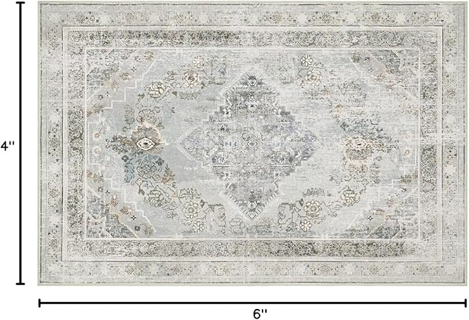 Phantoscope Washable Area Rug 4'x6' Non-Slip, Vintage Neutral Rugs for Living Room, Bedroom, Dining Room, Distressed Boho Medallion Pattern, Low-Pile Foldable Floor Carpet, Silver Grey/Taupe