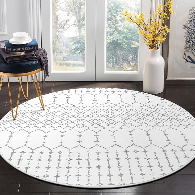 Lahome Moroccan Circle Rug - 6Ft Washable Large Round Area Rugs for Living Room Non-Slip Low-Pile Dining Room Rugs for Under Table, Modern Geometric Print White Circular Rug for Office Bedroom Nursery