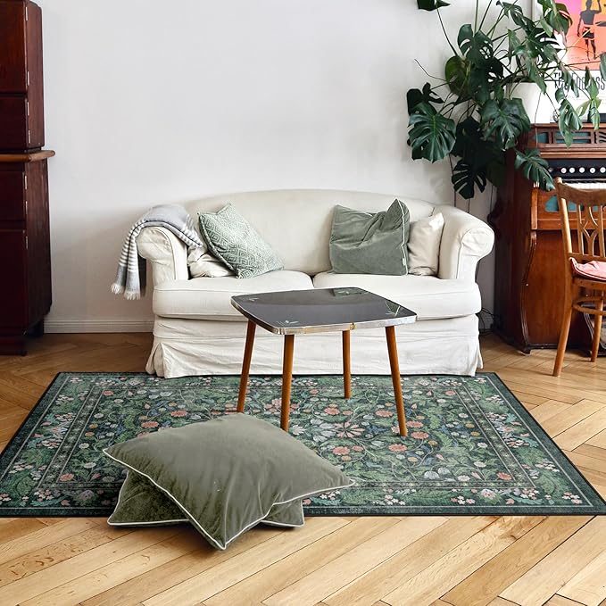 3x5 Washable Area Rug Floral Green Entryway Small Rug Vintage Forest Low Pile Non Slip Stain Resistance Soft Carpet for Kitchen, Bedroom Beside, Laundry Room, Office Rug, Kids Room, Nursery Room