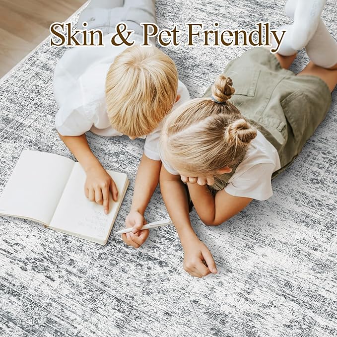 7x9 Area Rug for Living Room Washable Abstract Vintage Soft Thin Indoor Floor Non-Slip Carpet for Bedroom Dining Room Grey