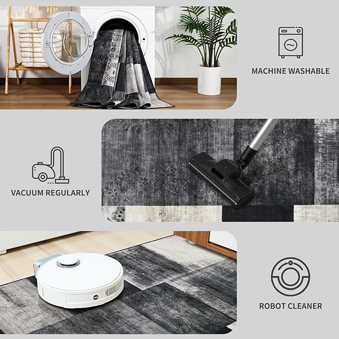 DweIke Large Modern Washable Area Rugs 8x10, Living Room Rug Non-Slip and Non-Shedding Large Rugs for Bedroom, Low Pile Indoor Rubber Backed Carpets for Dining Office Home Decor, Black and White