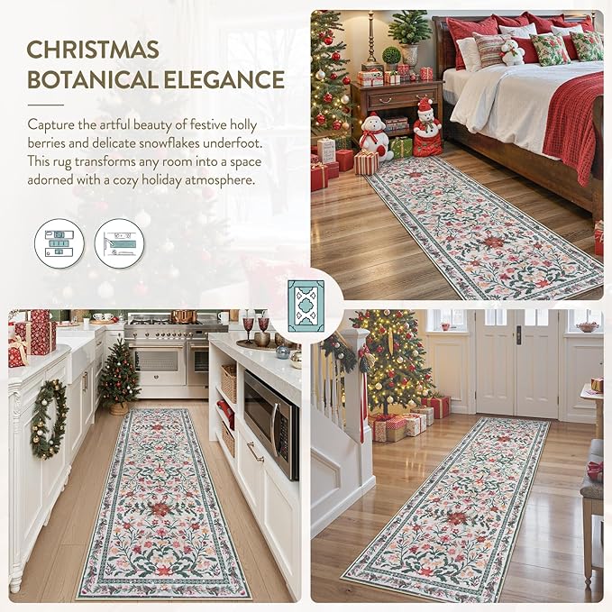 Wonnitar Christmas Runner Rug 2x6, Holiday Decor Christmas Kitchen Bathroom Rug, Washable Red and Green Botanical Xmas Decor Ultra-Thin Holiday Carpet Runner for Hallway Laundry Entryway