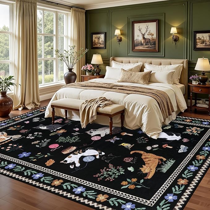 8x10 Area Rugs Living Room Rug: Vintage Washable Rug Floral Soft Carpet Indoor Floor Non-Slip Boho Stain Resistant Large Carpets for Bedroom Kids Nursery Dining Room Farmhouse Home Office Black/C01