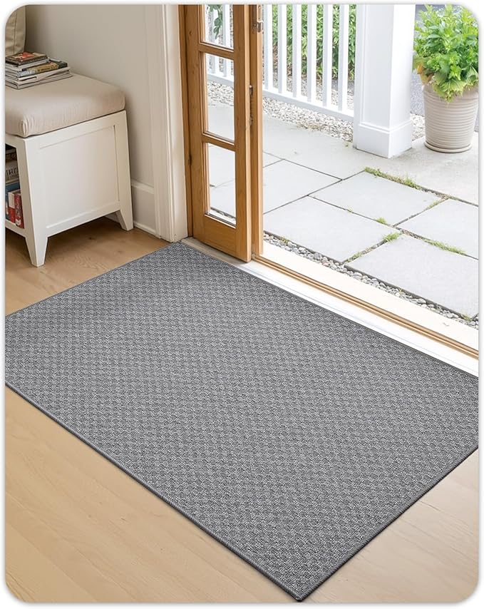 Color&Geometry Thin Front Door Mat Indoor Entrance Non Slip Rubber Backed, 17.5"x30" Indoor Door Mats for Entryway, Dirt Trapper Doormat Washable Front Door Rugs, Grey (Rolled-up NO Creases)