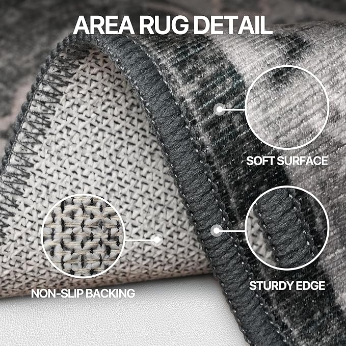 Bavni Vintage 3x5 Area Rugs, Boho Oriental Living Room Rug, Machine Washable Rug Non Slip, Distressed Print Indoor Small Black Rugs, Low Pile Ultra-Thin Soft Carpet for Bedroom, Dining Room, Farmhouse