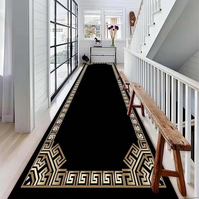 Greek Key Runner Rug for Entryway, 4x12ft, Black Gold Geometric Border Area Rugs for Bedroom, Meander Pattern Fade Resistant Home Decor Carpet, Soft Reduce Noise Entry Mat for Kitchen