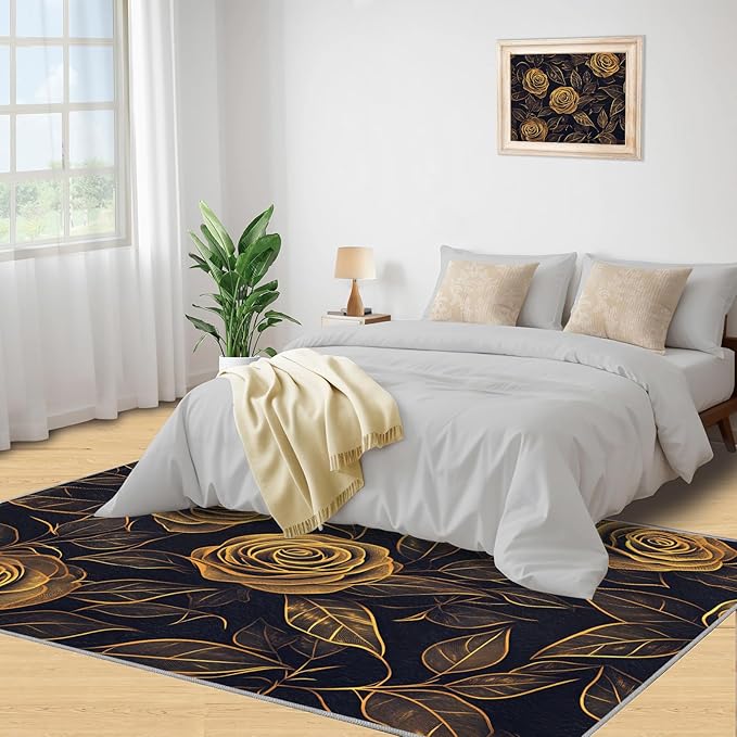 Rose Rugs for Bedroom - 5x7 Area Rug - Black Gold Flowers Rugs for Living Room, European Light Luxury Flowers Rug, Washable Home Decor Carpet