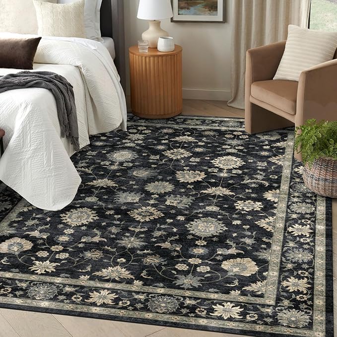 Washable Area Rug 5x7 - Traditional Floral Living Room Rug Soft Boho Farmhouse Bedroom Rug Ultra-Thin Charcoal Black Vintage Dining Room Rugs for Under Table Indoor Carpet for Living Room