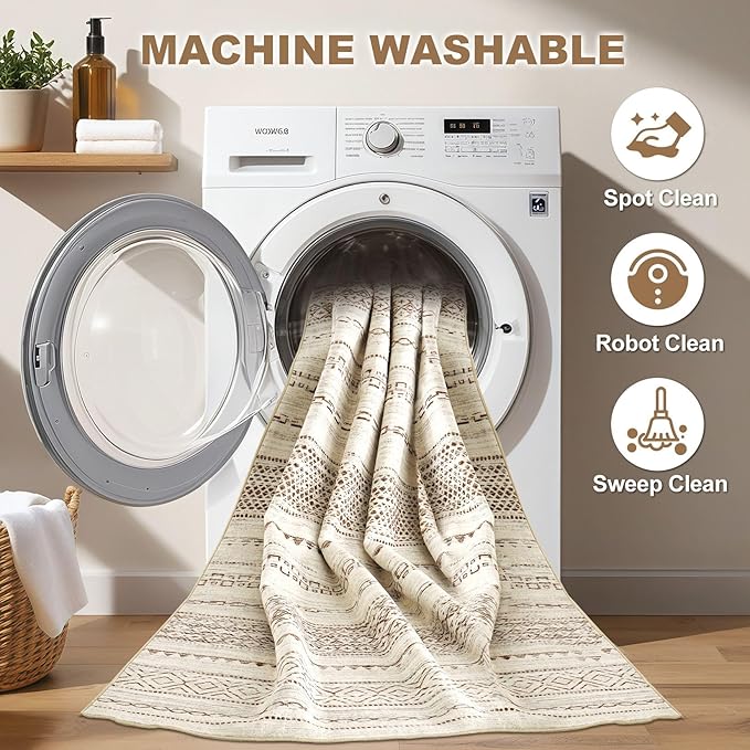 Nakagishi Area Rug Living Room Rugs: 3x5 Soft Machine Washable Boho Neutral Farmhouse Stain Resistant Moroccan Indoor Floor Carpet for Bedroom Nursery Kids Entryway Kitchen Entry Bedside Home- Brown