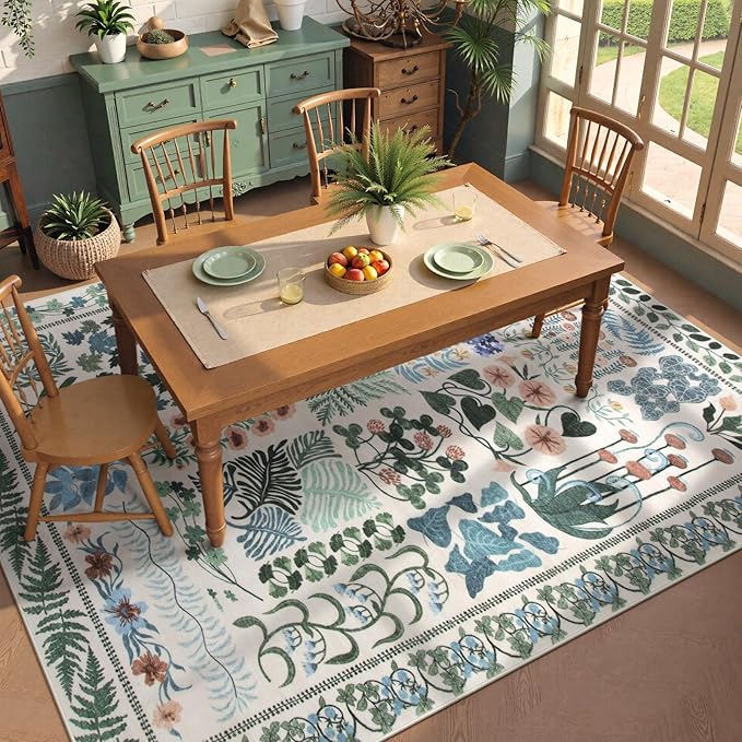 Floral Boho 5x7 Area Rugs for Bedroom Living Room, Botanical Soft Dining Room Rug, Large Non Slip Stain Resistant Indoor Throw Carpet for Entryway Kitchen Office Playroom (Beige,5 x 7)