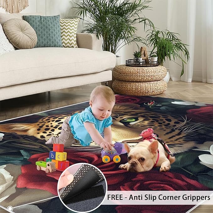Leopard Rugs for Bedroom - 5x8 Area Rug - Flowers Leopard Rugs for Living Room, 3D Flowers Animal Rug, Washable Home Decor Carpet