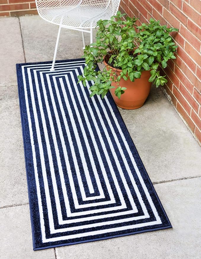 Unique Loom Sabrina Soto Outdoor Collection Geometric, Modern, Vibrant, Carved Area Rug (2' 0 x 6' 0 Runner, Navy Blue/ Ivory)