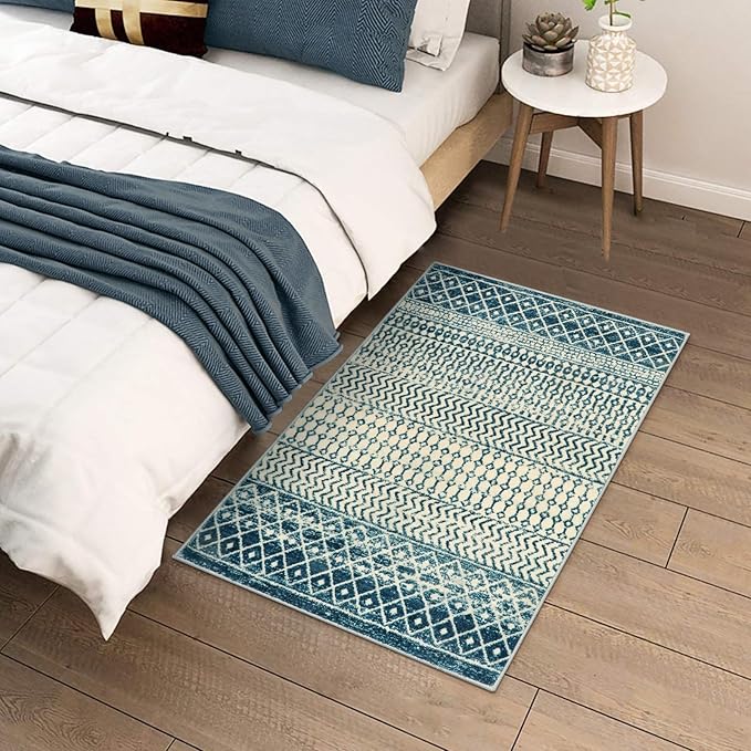Geometric Moroccan Small Rug 2x3, Soft Non-Slip Distressed Retro Blue Rug Front Door Mat, Machine Washable Kitchen Rug Indoor Door Mats for Entryway Bedroom Bathroom Kitchen