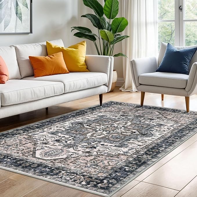 KOZYFLY Area Rug 4x6 Ft Washable Rugs for Entryway Non Slip Faux Wool Printed Throw Rug for Kitchen Bedroom Hallway Living Room Indoor Floor Decoration, Black/Taupe/Beige