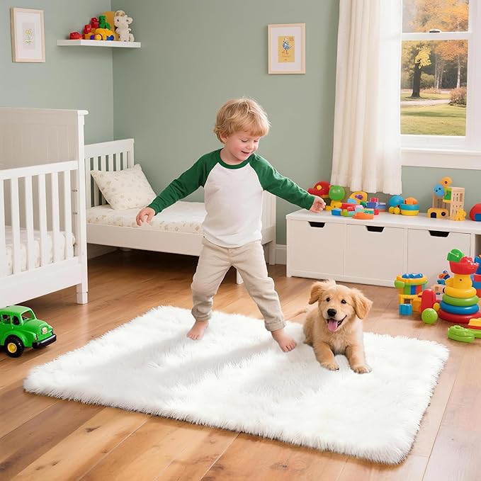 2x3 Solid Fluffy White Area Rug – Washable, Durable, Small Bedroom Rug, Non-Slip High Pile Shag Rugs for Living Room, Bedroom, Bedside, Dorms,Grils Rooms, Kids Room, Soft Indoor Floor Carpet