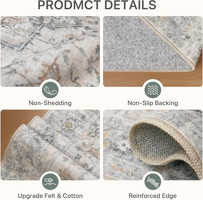 9x12 Area Rugs for Living Room, Non Slip Machine Washable Vintage Rugs, Low Pile Lightweight Print Large Rug for Bedroom, Dining Room, Home Office, Light Taupe Brown
