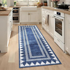Geometric Bordered 2x6 Washable Runner Rug for Hallway Kitchen Foldable Non Slip Indoor Soft Carpet Modern Stain Resistant Non-Shedding Low Pile Rug for Dining Room Living Room with Rubber Back, Blue