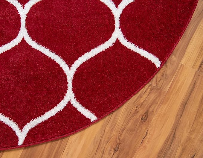 Rugs.com Lattice Frieze Collection Rug – 4' Round Red Medium Rug Perfect for Kitchens, Dining Rooms