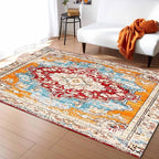 Bohemian Pattern Rectangular Area Rugs for Living Room Bedroom 5 x 6.9 ft Red & Orange Abstract Non-Shedding Soft Low Pile Rug Non Slip Washable Rug for Nursery Entryway Playroom