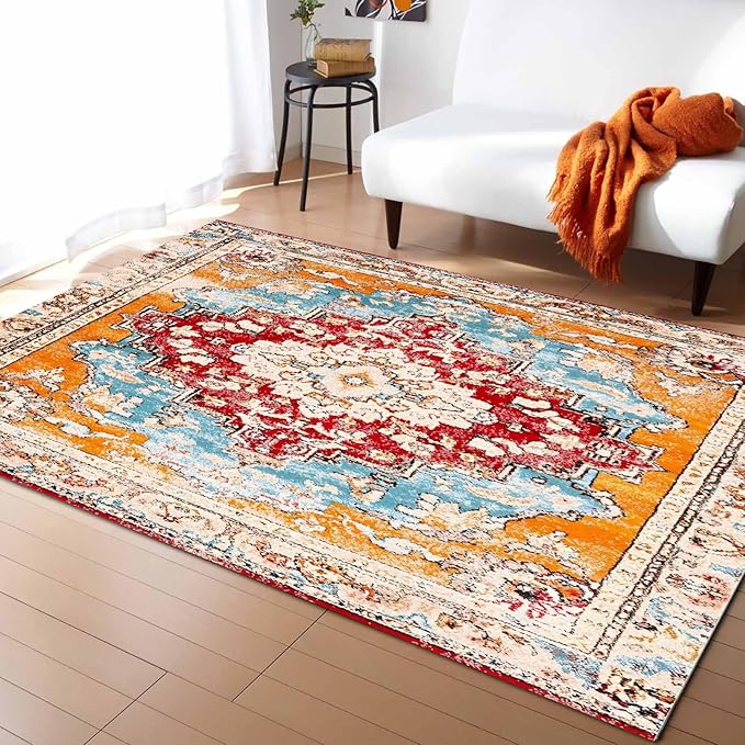 Bohemian Pattern Rectangular Area Rugs for Living Room Bedroom 4 x 6 ft Red & Orange Abstract Non-Shedding Soft Low Pile Rug Non Slip Washable Rug for Nursery Entryway Playroom