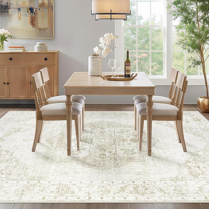 5x7 Area Rugs Washable Rugs for Living Room, Vintage Boho Rug Non-Slip Soft Floral Distressed Rug Low Pile Stain Resistant Carpet for Bedroom Nursery Office Dining Room Farmhouse Dorm(Beige, 5'x7')