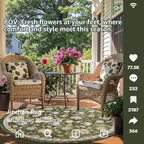 jinchan Elora 8ft Floral Round Rug for Dining Room Washable Living Room Rug Vintage Romance Design Non Slip Indoor Floor Cover Lightweight Low-Profile Throw Carpet for Bedroom Porch Patio, Green