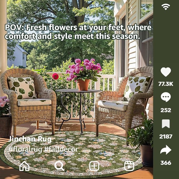 jinchan Elora 4ft Floral Round Rug for Entryway Washable Kitchen Rug Vintage Romance Design Non Slip Indoor Doormat Lightweight Low-Profile Throw Carpet for Living Room Dining Room Bedroom, Green
