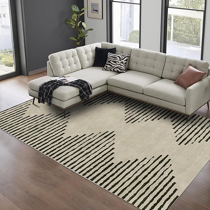 HelloTree Area Rug for Living Room 8x10 Washable Geometric Moroccan Rug Stripe Farmhouse Bohemian Minimalistic Non Slip Non Shedding Ultra Thin Soft Rug for Bedroom Office DiningRoom Nursery-Cream