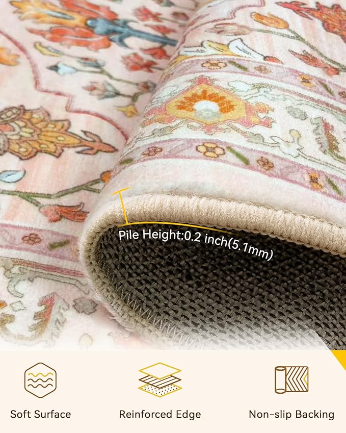 Area Rugs 4'x6' Washable Non-Slip, Floral Vintage Distress Print Pattern Medallion Carpet for Living Room Bedroom Dining Room, Light Pink Colorful