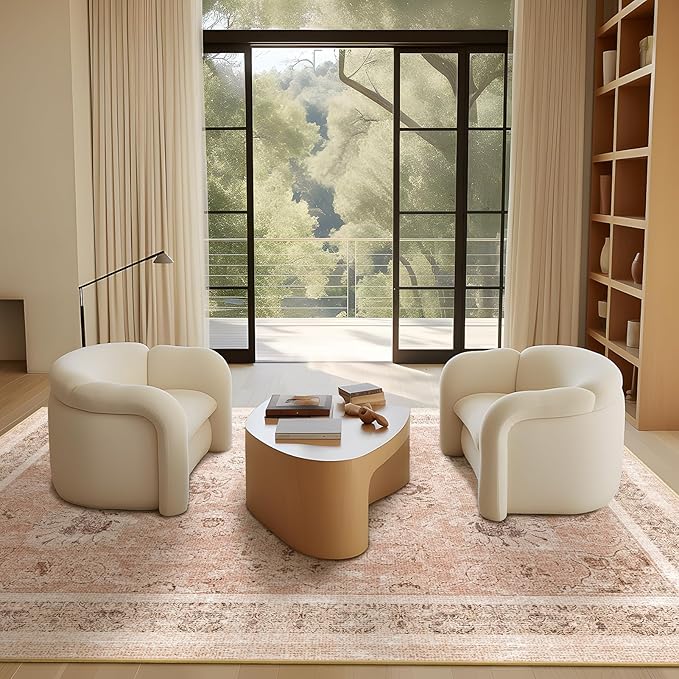 Phantoscope Washable Area Rug 9'x12' Non-Slip, Vintage Neutral Rugs for Living Room, Bedroom, Dining Room, Distressed Boho Floral Medallion Pattern, Low-Pile Foldable Floor Carpet, Soft Pink/Beige
