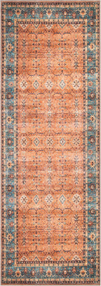 Bloom Rugs Washable Non-Slip 12 ft Runner - Orange/Teal Blue Traditional Bordered Runner for Entryway, Hallway, Bathroom, and Kitchen - Exact Size: 2.5' x 12'