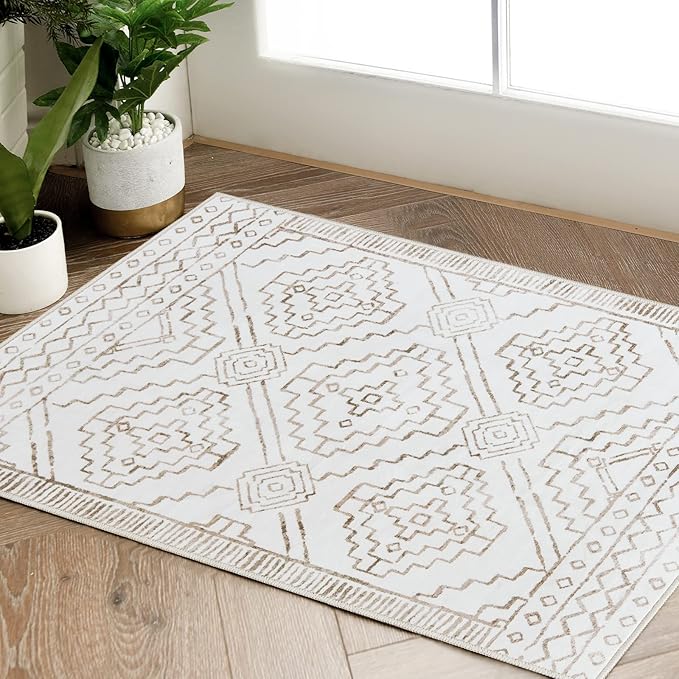 jinchan Moroccan 2x3 Rug for Entryway - Machine Washable Rug Modern Geometric Kitchen Soft Faux Wool Non-Slip Indoor Doormat Ultra-Thin Carpet for Entrance Bathroom Bedroom Living Room (2x3ft, Taupe)