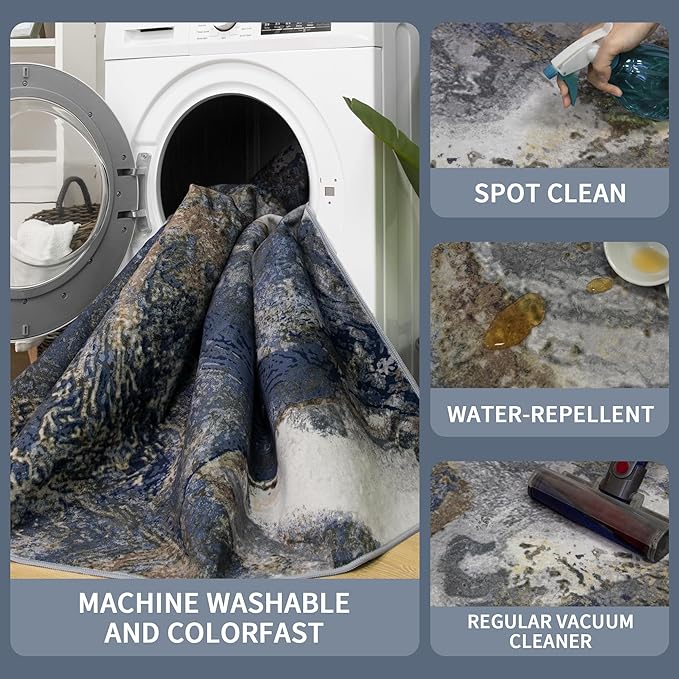 Modern Washable Rug for Living Room: Abstract 5x7 Area Rugs for Bedroom Low Pile Non Slip - Stain Resistant Carpet for Dining Room Indoor - Blue Gold