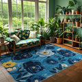 5x7 Camellia Floral Rugs, Modern Washable Flower Pattern Area Rug for Bedroom, Soft Large Non-Slip Kitchen Carpet Floor Door Mat for Living Room Dining Room Office - Navy Blue