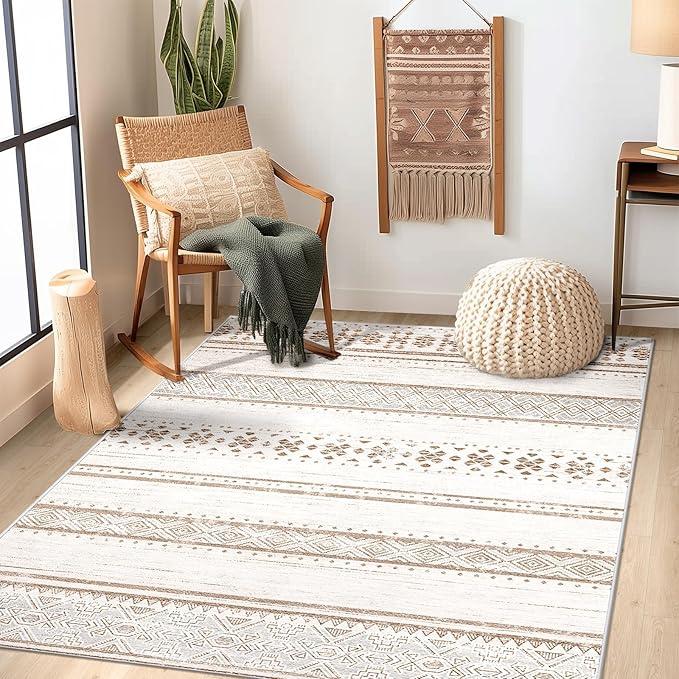 BESTSWEETIE 4x6 Area Rugs for Living Room Washable Moroccan Farmhouse Neutral Geometric Low Pile Non-Slip Soft Print Pattern Rug for Bedroom Kitchen Dining Room Entryway Cream/Brown/Pink