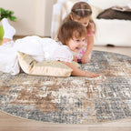 4ft Round Area Rug Living Room Rugs - 4x4 Washable Large Soft Indoor Neutral Modern Abstract Low Pile Rug Carpet for Bedroom Dining Room Farmhouse Home Office - Grey Brown
