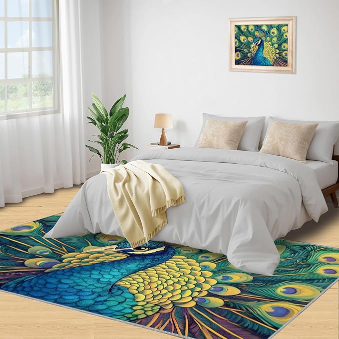 Peacock Rug 4x5-4x5 Rug, Wonderful Peacock Area Rugs for Bedroom, Teal Turquoise Rugs for Living Room, Modern Style Washable Mat, Malachite Green Feather Carpet - Peafowl Home Decor & Gifts
