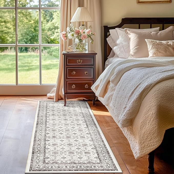 jinchan Runner Rug 2x6 - Machine Washable Beige Vintage Floral Distressed Design Soft Non-Slip Low-Pile Ultra-Thin Runner Rug for Kitchen Hallway Laundry Room Entryway Farmhouse (2‘x6', Beige)