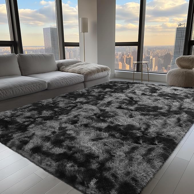 Zentavio Black and Grey Area Rugs for Living Room Large Men Room Carpet 5x8 Bedroom Fluffy Furry Shag Aesthetic Plush High Pile Floor Rug for Kids Room Dorm Home Decor Gray