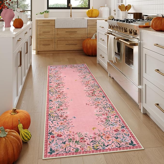 Lahome Boho Floral 2'6"x8 Pink Bathroom Runner Rugs Non Slip Washable,Soft Runners for Hallways,Indoor Carpet Runner with Rubber Backing for Entryway Kitchen Laundry(Pink,2'6"x8)