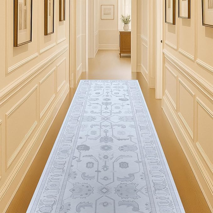 Fame Living Beige Oushak Runner Rug, Modern Runners, Vintage, Turkish, Eclectic, Floral, Pastel, Washable, Runner for Hallway, Kitchen, Bedroom, Bathroom, 2'5"x9'8"