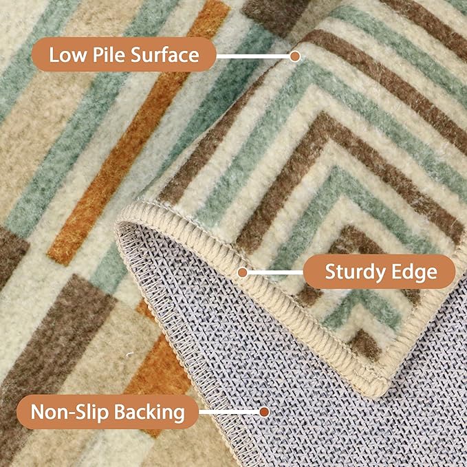 GENIMO Machine Washable 5x7 Area Rugs for Living Room, Non Slip Vintage Rugs, Low Pile Lightweight Chenille Print Rug for Bedroom, Dining Room, Home Office, Taupe Sage