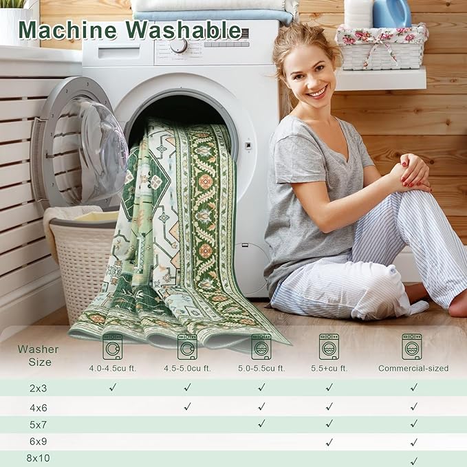 6x9 Green White Area Rug for Living Room, Machine Washable Rugs with Non-Slip Backing for Bedroom, Vintage Medallion Carpet Dining Room Office Kids Room Decor