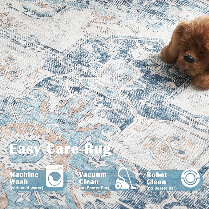 jinchan Kelda Round Rug 5ft Washable Area Rug Indoor Vintage Floor Cover Distressed Circle Mat 5' Round Lightweight Non Slip Low Pile Thin Carpet for Entryway Kitchen Living Room Bedroom Blue