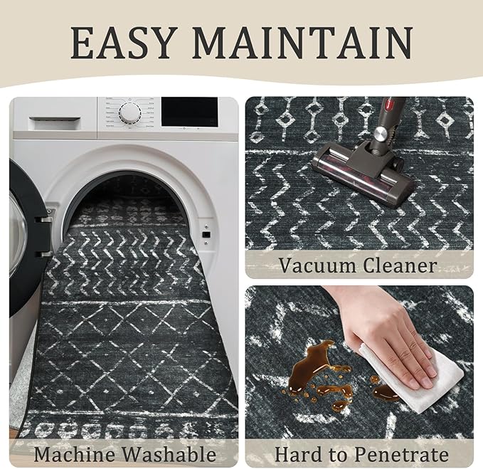 5x7 Machine Washable Area Rug for Living Room, Black Vintage Moroccan Rug Large Non-Slip Low Pile Soft Faux Wool Carpet, Kids and Pets Friendly for Bedroom Dining Room Farmhouse Home Decor Rug