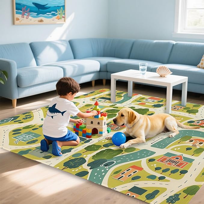 Cute Map Cars Washable 3x5 Area Rugs for Living Room, Thin Low Pile Contemporary Carpet, Non-Slip Base Lightweight Rug